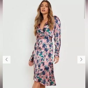 Boohoo Floral Print Satin Wrap Midi Dress